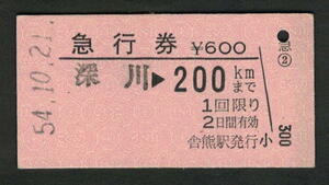 A型急行券 舎熊駅（廃止）発行 200kmまで 昭和50年代（払戻券）