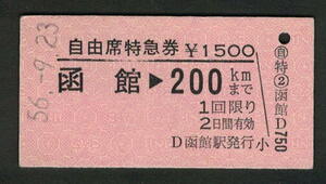 A型自由席特急券 函館から200kmまで 昭和50年代（払戻券）
