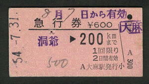 A型急行券 大麻駅発行 200kmまで 昭和50年代（払戻券）