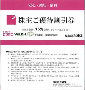 カンセキ 株主優待 株主ご優待割引券 15%割引券(1枚) 期限:2024.5.31　ワイルド1/買物券/割引券/株主優待券/ワイルドバーン/ワイルドワン