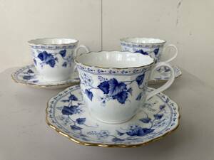 NARUMI コーヒーカップ＆ソーサー 3客/ナルミ BONE CHINA ボタニカル柄☆中古