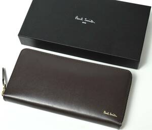 未使用 Paul Smith ポールスミス シティエンボス 長財布 ラウンド ウォレット レザー チョコ マルチストライプ PSC307