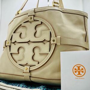 ●大人気 保存袋付き●TORY BURCH トリーバーチ エラ トートバッグ ハンド ビジネス A4 オールレザー デカロゴ クリーム レディース 肩掛け