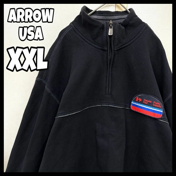 アローハーフジップ ARROW ワッペン付ハーフジップ トレーナー XXL ハーフジップ トレーナー 古着 ブラック スウェット