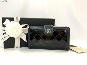 ★CHANEL シャネル パテントレザー 二つ折り 長財布 ブラック シルバー金具 マトラッセ ステッチ ココマーク CC 黒 箱 1987T8-13