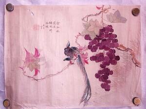 Art hand Auction 中国古画 葡萄と鳥 女流画家 絹本 縦約31cm横約42cm 虫食い穴あります, 絵画, 日本画, 花鳥, 鳥獣