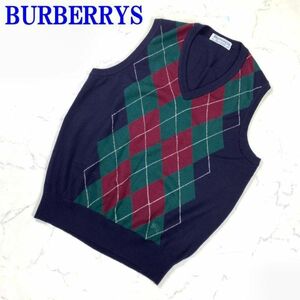 バーバリー ニットベスト ウール アーガイル柄 紺BURBERRYS　MADE IN ENGLAND ネイビー 40M相当 C9055