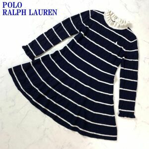 ポロラルフローレンカシミヤボーダー長袖ニットワンピースネイビーPOLO RALPH LAUREN カジュアル ブランドロゴ刺繍有 フリル襟 L C9485