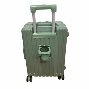 スーツケース フロントオープン グリーン　機内持ち込み　カップホルダー　充電可　キャリーケース　充電ポート　2泊3日