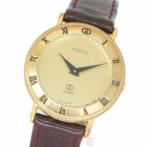 1円 グッチ GUCCI QZ 3000L シャンパン 金文字盤 GP 革ベルト ラウンド ブランド 腕時計 クオーツ ウォッチ 中古 正規品 112920231124