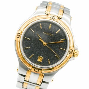 1円 GUCCI グッチ 9040M QZ クオーツ デイト 3針 ブラック 黒文字盤 SS×GP コンビ 腕時計 メンズ ラウンド ブランド 128520240305