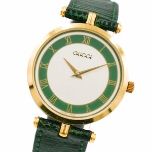 1円 稼働 美品 GUCCI グッチ 2000 M シェリーライン QZ クオーツ グリーン シャンパン文字盤 GP 腕時計 ラウンド レザー 219220240312