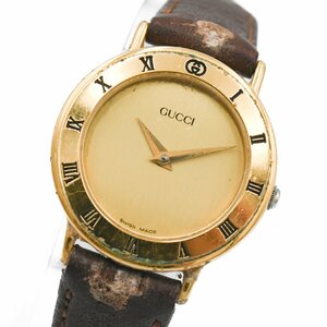 1円 稼働 GUCCI グッチ 3000.2.L QZ クオーツ ゴールド 金文字盤 GP 腕時計 レディース ラウンド レザーベルト ブランド 1255120240206