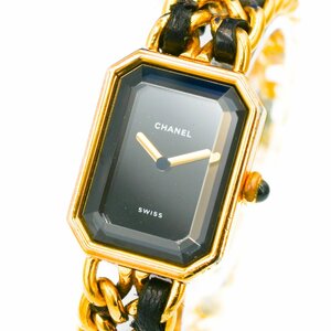 1円 稼働 CHANEL シャネル プルミエール M ゴールド QZ クオーツ 黒 ブラック文字盤 GP 腕時計 レディース スクエア ブランド 223420240319