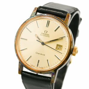 1円 稼働 OMEGA オメガ Geneve ジュネーブ AT 自動巻き ゴールド 金文字盤 GP 腕時計 メンズ ヴィンテージ レザー ラウンド 229020240319