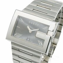 1円 稼働 GUCCI グッチ 100M Gレクタングル Gスクエア シルバー QZ クオーツ 黒 ブラック文字盤 SS 腕時計 メンズ ブランド 246220240326_画像1