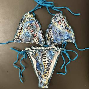  leopard print halter-neck bikini top and bottom set lady's swimsuit light blue 