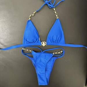  Heart charm attaching halter-neck bikini top and bottom set lady's swimsuit black royal blue 