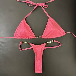  charm attaching halter-neck bikini top and bottom set lady's swimsuit enamel metallic rose pink 