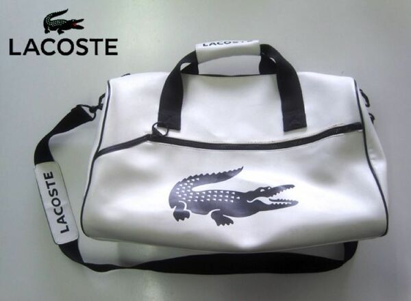 美品 激レア！■ ラコステ ■ LACOSTE ■ PVC レザー素材・ ビッグ ワニロゴプリント・ 2WAY ボストンバッグ ■ 紺 ホワイト系■ 送料無料