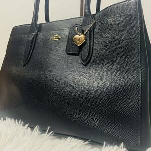 1円〜極美品!! COACH トートバッグ ビジネスバッグ ハンドバッグ チャーム ネイビー 紺 肩掛け コーチ レザー メンズ レディース A4 収納