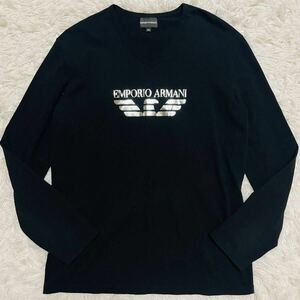 極美品●希少XXL!!EMPORIO ARMANI 長袖Tシャツ ロンT スウェット ストレッチ 伸縮性【輝く銀ロゴ】エンポリオアルマーニ 入手困難品