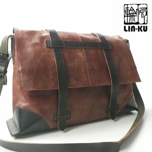 美品 日本製 輪怐 LIN-KU リンク リングス2 アンティーク加工 メッセンジャー ショルダーバッグ ブラウン【相場価格￥47,300-】-