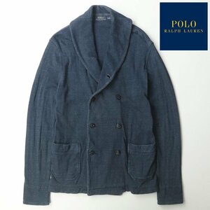 美品 POLO RALPH LAUNREN ポロラルフローレン インディゴ染め リネン混 ショールカラー ニットカーディガン S JP:M ダブルブレスト