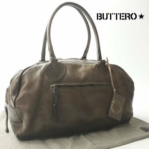 新品タグ付き BUTTERO ブッテロ ヴィンテージ加工 牛革レザー ミニボストンバッグ ブラウン ラウンド型 ユーティリティ トラベル ビジネス