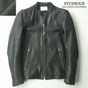 美品 日本製 STUDIOUS ステュディオス 羊革 シープスキン レザー シングルライダースジャケット ブラック 黒 1 JP:S【相場価格￥45,000-】