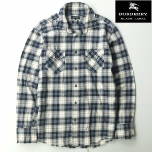 美品 三陽商会 BURBERRY BLACK LABEL バーバリー ブラックレーベル コットンネル カットオフ 長袖シャツ チェック柄 3 JP:L メンズ