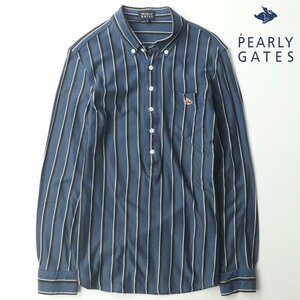 美品 日本製 PEARLY GATES パーリーゲイツ ロゴ刺繍 ストレッチコットン ボタンダウン ポロシャツ ストライプ 6 JP:XL 長袖