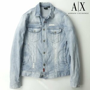 美品 ジョルジオ・アルマーニ A/X ARMANI EXCHANGE クラッシュ加工 デニム トラッカージャケット ウォッシュブルー M Gジャン -