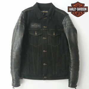 美品 HARLEY DAVIDSON ハーレーダビッドソン バッファローレザー切替 ヴィンテージ加工 ブラックデニム トラッカージャケット S ブルゾン