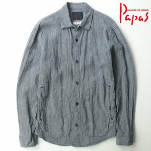 美品 日本製 Papas パパス 春物 リネン 麻100％ シャツジャケット ストライプ柄 46/S 総柄 長袖 メンズ【相場価格￥31,900-】