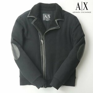 美品 A/X ARMANI EXCHANGE アルマーニ・エクスチェンジ 羊革 レザーエルボーパッチ 襟ボア スウェット ライダースジャケット 黒 S