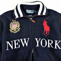 相場価格￥40,700- 美品 POLO by Ralph Lauren ラルフローレン ビッグポニー NEW YORK刺繍 コットンニット ブルゾン 濃紺 ネイビー L_画像2