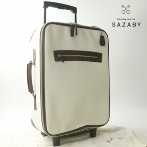 美品 日本製 SAZABY サザビー 牛革 レザー ｘ 帆布キャンバス キャリーケース アイボリー トローリー トラベル トランク 旅行