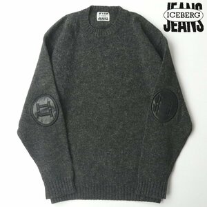 美品 ICEBERG JEANS アイスバーグ エルボーパッチ付き クルーネック ニットセーター チャコールグレー XL【相場価格￥75,000-】