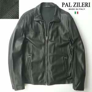 美品 イタリア製 PAL ZILERI パルジレリ 羊革 パンチングレザー ブルゾン 黒 ブラック 52 JP:2XLライダース【相場価格￥200,000-】