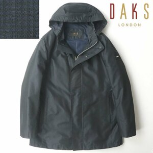 極美品 日本製 DAKS LONDON ダックス 軽量シェル フーデッドコート ネイビー 紺 チェック柄 M 比翼 パーカ メンズ ジャケット