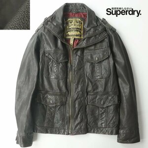 【風合い抜群！】 Superdry 極度乾燥しなさい 本革 ヴィンテージレザー ミリタリージャケット L ブルゾン【相場価格￥113,000-】-