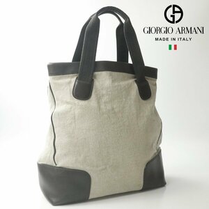 美品 イタリア製 GIORGIO ARMANI ジョルジオアルマーニ 仔牛革 カーフレザー x キャンバスダック トートバッグ【参考価格￥407,000-】