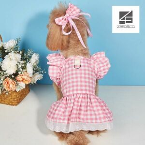 XLサイズ◆【ヘアリボン付き】犬服 キャミソール Dカン付き チェック柄 ワンピース 清楚 上品 フリル 新品 ドッグウェア 新作 ペット用品