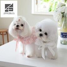 ホワイトLサイズ◆犬服 シャツ 花柄 ワンピース ドレス 清楚 シースルー フリル袖 上品 スカーフ風 りぼん 新品 ドッグウェア 新作 ペット_画像4