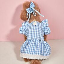 XSサイズ◆【ヘアリボン付き】犬服 キャミソール Dカン付き チェック柄 ワンピース 清楚 上品 フリル 新品 ドッグウェア 新作 ペット用品_画像8