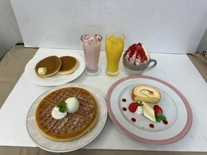 100★中古⑤食品サンプル 実物大 ワッフル ホットケーキ オレンジジュース かき氷 ストロベリー ロールケーキ デザート ジュース 6点まとめ