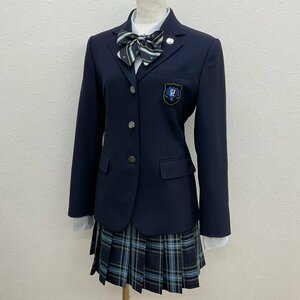 U538/S1110(中古)あずさ第一高校 女子制服4点 /校章付/M/W69/ブレザー/ブラウス/スカート/リボン/冬服/紺/青チェック/学生服/通信制/卒業生