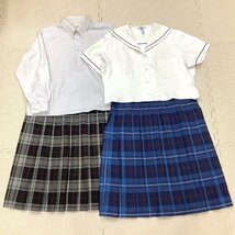 I498/Y(中古)福島県 本宮高校 女子制服4点 /指定品/特大/大きめ/BM/W85/セーラー/ブラウス/スカート/夏/合服/チェック/紺1本/制服/学生服_画像1