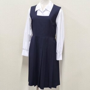 A594/T87(中古)茨城県 水戸第二高校 女子制服2点 /旧制服/L～LL程度/総丈92/冬用ジャンパースカート/ブラウス/冬服/紺/学生服/卒業生品